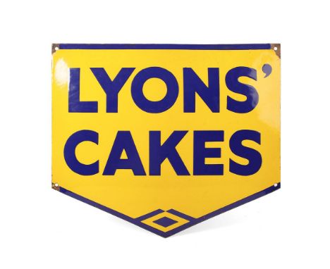 Vintage Lyons' Cakes enamel point of sale advertising sign. Yellow ground with blue writing. 46cm x 40cm.  