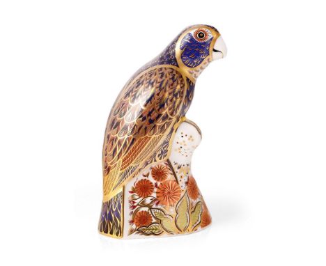 Boxed Royal Crown Derby paperweight, Bronze Winged Parrot, 18cm high, gold stopper, red printed marks and Royal Crown Derby s