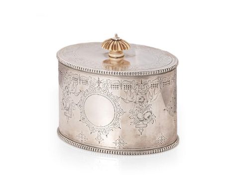 Victorian silver tea caddy with floral decoration, birds amongst foliage, 13.5cm wide, London 1867, possibly Goldsmiths Allia
