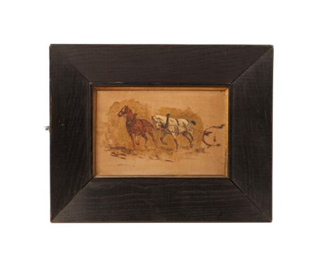 Oil on board depicting two horses pulling a plough. possibly a preparity sketch that could be attributed to HENRY HADFIELD CU