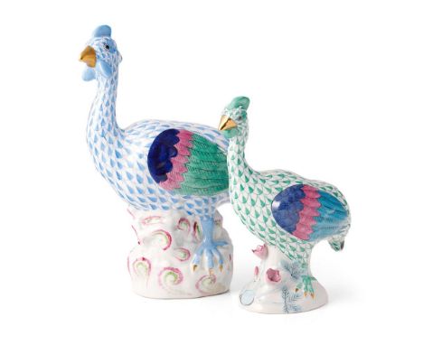 Herend pottery (Hungary) figure of a Guinea Fowl, 20cm high, in blue fishnet/fish scale decoration and another Guinea Fowl, 1