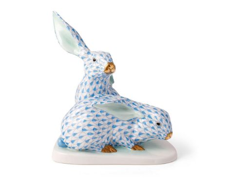Herend pottery (Hungary) figure of Two Rabbits, pattern 5332, in blue fishnet/fish scale  decoration on a white base, blue He