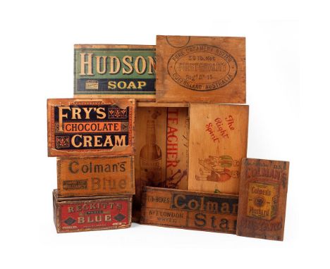 A collection of vintage advertising boxes and box lids to include 'Teachers Whiskey' school desk box, 'Reckitt's Paris Blue' 