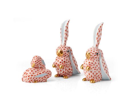 Herend pottery (Hungary) two figures of bunny Rabbits, pattern 5325 and a further pair or Rabbits, pattern 5324, all in rust 