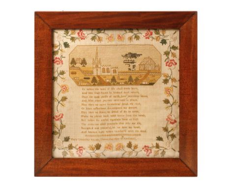 19th century sampler, by Mary Crossley Hitcote, Gloucestershire, 13th April 1937, in later frame, 'So When the Lamp of Life S