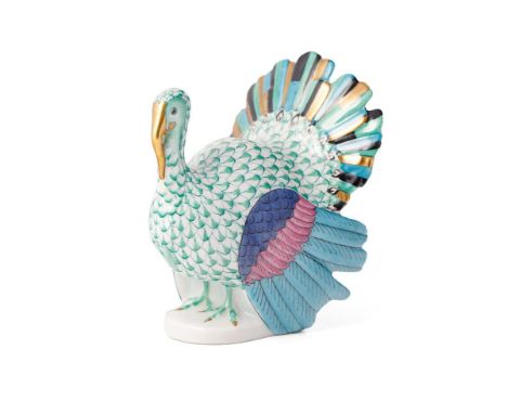 Herend pottery (Hungary) figure of a Turkey, pattern 5077, 12cm high, in green fishnet/fish scale  decoration, blue Herend fa