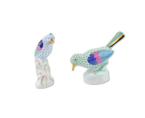 Herend pottery (Hungary) figure of a Parrot, pattern 5004, 11cm high, in blue fishnet/fish scale  decoration and another Bird