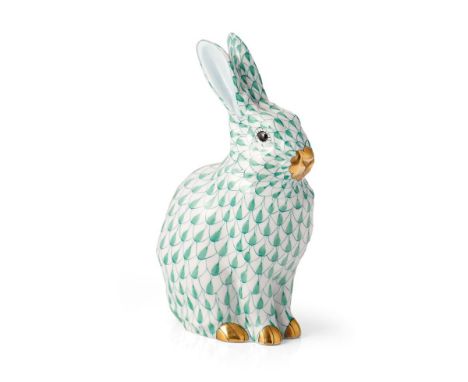 Herend pottery (Hungary) figure of a Seated Rabbit, pattern 5327, 14cm high, in green fishnet/fish scale  decoration, blue He