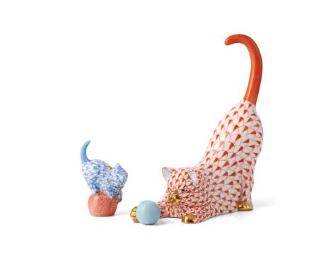 Herend pottery (Hungary) figure of a cat playing with a ball of wool,, in red fishnet/fish scale decoration, together with a 