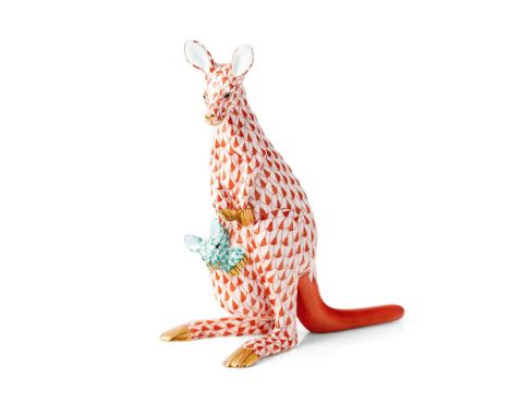 Herend pottery (Hungary) figure of a Kangaroo with Joey, pattern 5328, height 15cm, in rust red fishnet/fish scale  decoratio