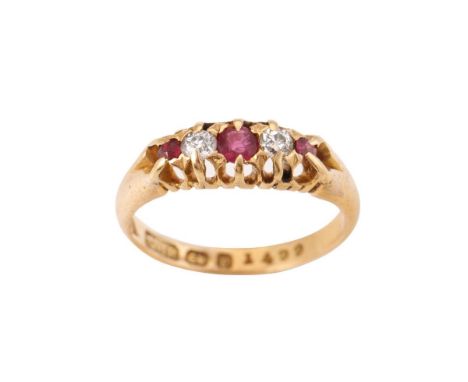 18ct yellow gold Ruby and Diamond ring. Hallmarked Birmingham 1898. Ring size 'K'. Weight 3.2 grams.  