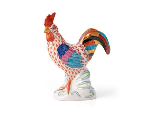 Herend pottery (Hungary) figure of a Rooster, pattern 5032, in rust red fishnet/fish scale  decoration, blue Herend factory s