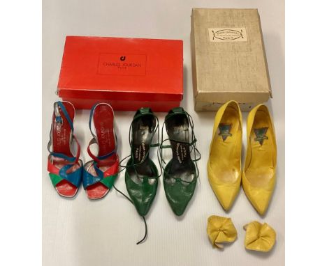 Three pairs of leather vintage shoes to include green Studio Capucines, Paris, multicoloured Charles Jourdan, and bright yell