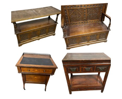 Three pieces of furniture, metamorphic monks bench 122 cm W x 53 cm D (with back folded down) x 98 cm H (as a bench) oriental