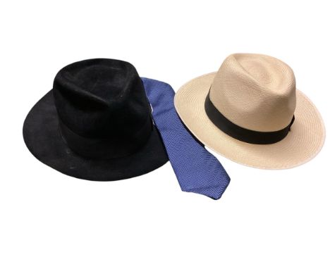 Two large hats, Lock and Co Panama 8/65, Baron California black felt Trilby (Large), Canali Tie.  See photos for details.