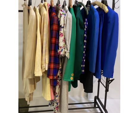 A quantity of Spring/Summer late C20th clothes to include an ESCADA silk linen cream trouser suit, ESCADA yellow polka dot ja