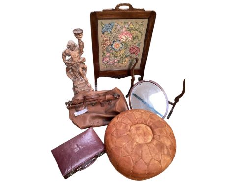 A quantity of miscellaneous collectables to include a leather Gladstone bag, a leather stationery case, an oak framed tapestr