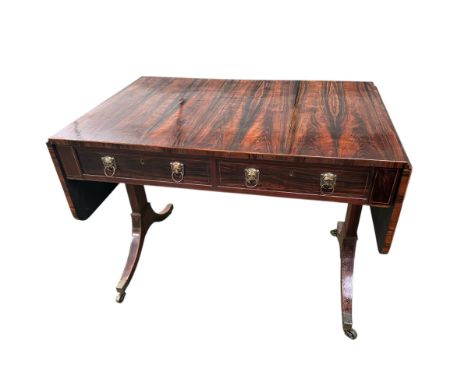 A Sheraton Calamander sofa table, with lion mask brass handles, some wear to top, and slight lifting to veneer on some areas