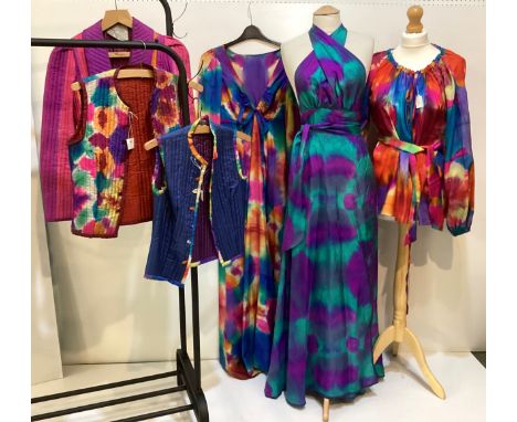SULIMAN, Maddox Street, London, late 1970's early 1980's hand printed silk, to include a long dress with tie belt, a tie dres