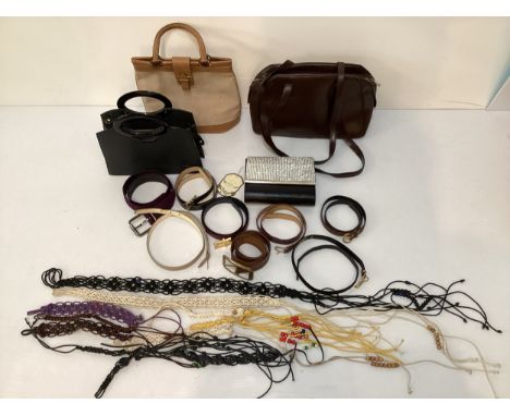 Quantity of bags, belts and 60's macramé belts/necklaces - to include Emporio Armani, brown leather with dust bag. See all ph