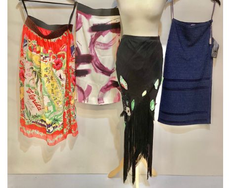 EMPORIO ARMANI black skirt with applique leaves and fringe hem, ANNA SUI Florida map print skirt, DOLCE &amp; GABBANA white, 