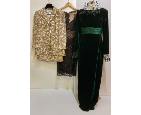 ULRICH ENGLER green velvet long dress with silk pleated band to waist and feather and bead trim to collar and cuffs. Conditio