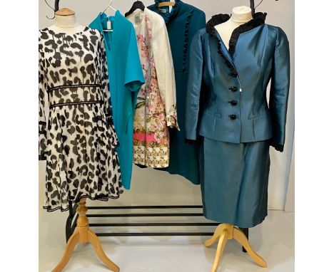 TOMASZ STARZEWSKI couture suit teal colour with black ruffle collar 14. Boutique MOSCHINO silk dress, ESCARDA dress 36, Weill