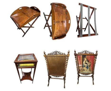 A mahogany butlers tray on folding stand, and a tapestry fire screen of a girl with a Spaniel 102cm HIgh  (with a broken barl