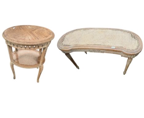 A two tier bergere table with cabriole legs, and a matching bergere kidney shaped bench window seat