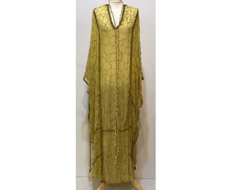 THEO PORTER 1970's yellow kaftan dress with all over beading and tie belt, labelled Theo Porter Couture. Condition: some loss