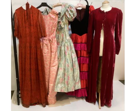 A quantity of clothes to include a floral 1980's bodiced ball gown no label, a 1980's ball dress with black velvet bodice and
