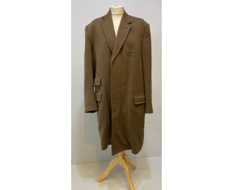Light brown wool overcoat. Condition wear and damage and marks. Inside armpit to armpit 63cm, length 102cm.