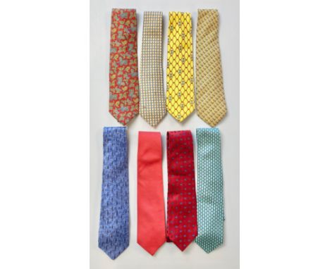 Eight ties - HERMES yellow silk tie with blue overall pattern (mark), CERRUTI pink silk tie (small damage one side), 5 furthe