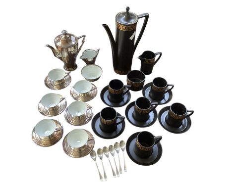 A Sterling silver on porcelain 6 tea cup and saucers and milk and coffee, in the Art Deco taste, some wear; and a Portmeirion