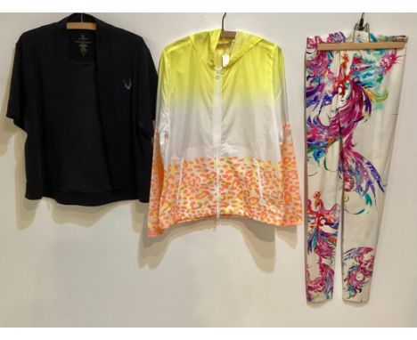 STELLA McCARTNEY FOR ADIDAS shower proof jacket with hood. Size M. A pair of ROBERTO CAVALLI gym leggings printed with pink p