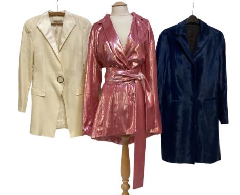 EMPORIO ARMANI cream cotton and silk jacket with silver popper fastening (marks to front), a MSGM faux fur blue coat, MICHAEL