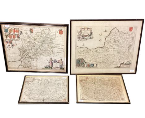 Four framed and glazed vintage maps including Somerset 39 cm x 51 cm and others 