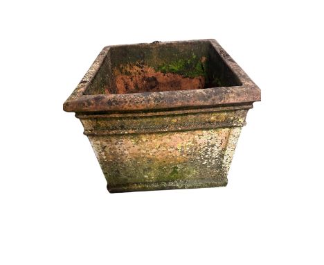 3 items: A square classical planter. weathered 41cm high x 51 x 51 and  weathered circular and an olive pot, much wear and we