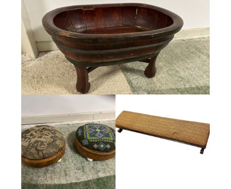 Four items to include a pair of small circular tapestry foot stools (27.5 dia), and a long stool  (119cm wide x 29cm deep) an
