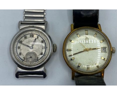 A gents watch, stamped to face MOVADO, Hamilton &amp; Co, Calcutta, serial number stamped to clasp, and a watch with black le