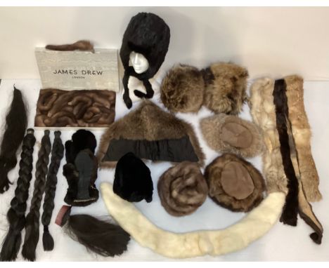 A quantity of circa 1960's hair extensions, some labelled Tovar Tresses, and a quantity of vintage fur accessories, including