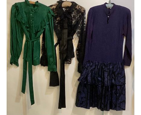 SAINT LAURENT - two tops - green silk shirt with tie and ruffles, labelled 38, a black lace shirt with ruffled detail and rib