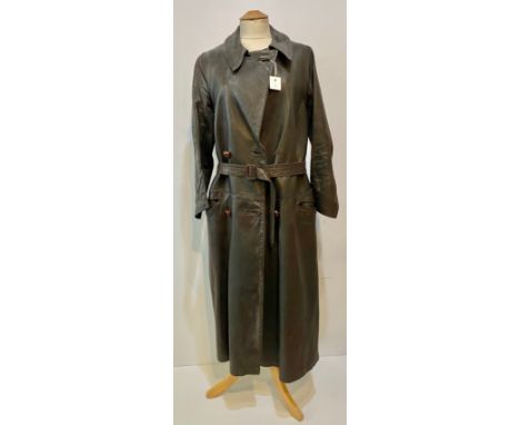 Long brown leather coat with belt. Inside armpit to armpit 43cm, length 122cm. Vintage been worn associated wear, couple butt