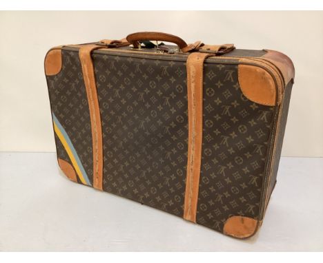 LOUIS VUITTON 'STRATOS' SUITCASE, canvas and leather, brass hardware, in used condition with wear and damage, see all photos 