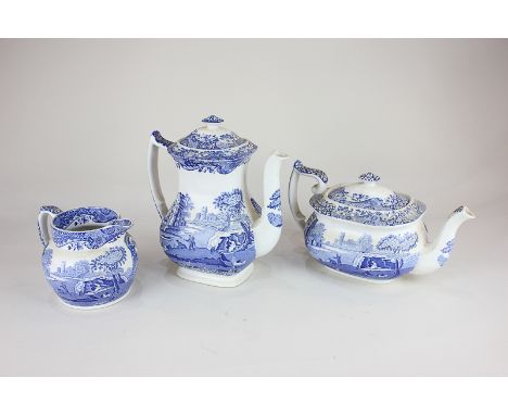 A Spode Italian pattern blue and white porcelain teapot, coffee pot and milk jug