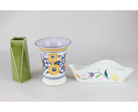 An Art Deco Poole Pottery vase with flared rim, marked ED to base, together with a later Poole Pottery scalloped dish and a D