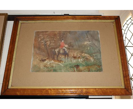 Attributed to Donald Wood, hunting scene, oil sketch on canvas, unsigned, Pamela Davies paper label verso, 28cm by 40cm