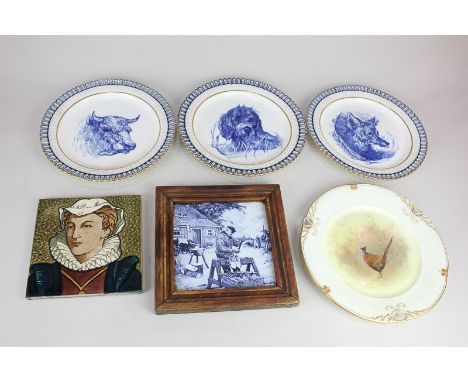 Three Mintons blue and white porcelain plates decorated with a bull, a fox and a dog, within a pierced border, 22.5cm, togeth