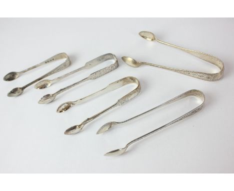 Five Victorian silver sugar tongs, makers including Haseler Brothers, Birmingham 1900, and Holand, Son & Slater, London 1883,
