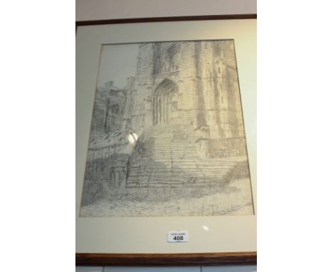 Oliver Horsley Gotch (20th century), charcoal sketch of cathedral steps, unsigned, inscribed verso 'Eglise St Pierre, Lisieux